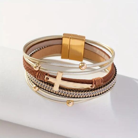 NEW Gold & Brown Layered Faux Leather Braided Bracelet with Cross Charm, BOHO - Picture 2 of 2